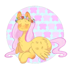 Size: 1500x1500 | Tagged: safe, artist:johnathan-leviathan, derpibooru import, fluttershy, pegasus, pony, abstract background, blushing, cutie mark background, eyes closed, female, floral head wreath, flower, lying down, mare, peaceful, simple background, smiling, solo, transparent background