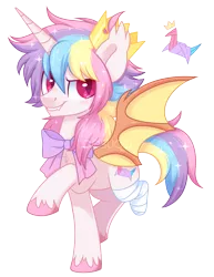 Size: 1673x2169 | Tagged: safe, artist:hawthornss, artist:prince-lionel, deleted from derpibooru, derpibooru import, oc, oc:prince crane, unofficial characters only, alicorn, bat pony, bat pony alicorn, amputee, bandage, blushing, chest fluff, crown, cute, cute little fangs, ear fluff, fake horn, fangs, fusion, jewelry, lightly watermarked, looking at you, origami, paper crane, pastel, raised hoof, regalia, simple background, smiling, sparkles, transparent background, unshorn fetlocks, watermark