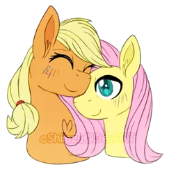 Size: 600x617 | Tagged: safe, artist:shiiazu, derpibooru import, applejack, fluttershy, pony, appleshy, blushing, bust, eyes closed, female, freckles, hair tie, lesbian, mare, missing accessory, nuzzling, shipping, simple background, smiling, transparent background, watermark