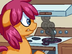 Size: 800x600 | Tagged: safe, artist:rangelost, derpibooru import, oc, oc:trailblazer, unofficial characters only, earth pony, pony, cyoa:d20 pony, colored, cooking, cyoa, description is relevant, female, frying pan, mare, panic, pixel art, smoke, solo, story included, stove