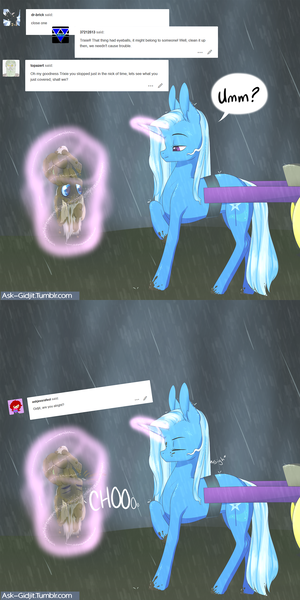 Size: 1280x2560 | Tagged: safe, artist:noodlefreak88, derpibooru import, trixie, oc, oc:gidjit, changeling, pony, unicorn, tumblr:ask-gidjit, ask, comic, magic, mud, rain, sneezing, telekinesis, trixie's wagon, tumblr