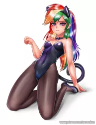 Size: 800x1036 | Tagged: suggestive, artist:racoonsan, derpibooru import, rainbow dash, human, adorasexy, animal costume, breasts, cat ears, cat tail, clothes, costume, cute, dashabetes, female, high heels, humanized, leotard, lidded eyes, sexy, shoes, simple background, small breasts, solo, solo female, tail, white background