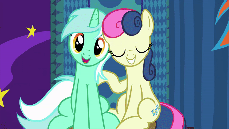 Size: 800x450 | Tagged: safe, derpibooru import, screencap, bon bon, lyra heartstrings, sweetie drops, earth pony, pony, unicorn, grannies gone wild, best friends, duo, eyes closed, shipping fuel, sitting, smiling