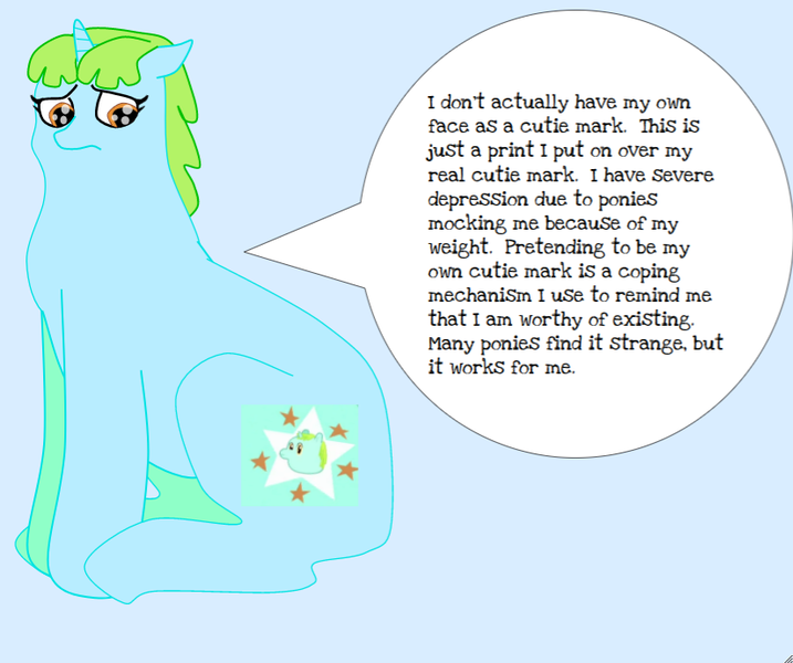 Size: 825x690 | Tagged: safe, artist:adri-dragon, derpibooru import, whoa nelly, pony, unicorn, cutie mark, depressed, depression, fake cutie mark, female, mare, pony and anthro pony confessions, pony confession, pony confessions, sad, simple background, sitting, solo, speech bubble, white background