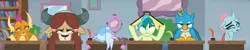 Size: 5355x1080 | Tagged: safe, composite screencap, derpibooru import, edit, edited screencap, screencap, gallus, ocellus, sandbar, silverstream, smolder, yona, changedling, changeling, dragon, earth pony, gryphon, hippogriff, pony, yak, school daze, season 8, book, book hat, bored, classroom, desk, dragoness, facedesk, female, male, panorama, school, school desk, student six