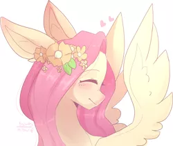 Size: 1919x1615 | Tagged: safe, artist:emily-826, derpibooru import, fluttershy, pegasus, pony, blushing, bust, cute, eyes closed, female, floral head wreath, flower, head turn, heart, mare, portrait, simple background, smiling, solo, spread wings, white background, wings