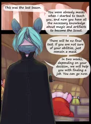 Size: 1000x1360 | Tagged: safe, artist:darkestmbongo, derpibooru import, oc, unnamed oc, unofficial characters only, anthro, unicorn, ask ddthemaid, comic:ddthemaid memories, clothes, comic, dialogue, female, grammar error, maid, maid headdress, scar