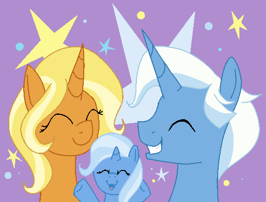 Size: 540x410 | Tagged: safe, artist:anonymous, derpibooru import, idw, jack pot, sunflower spectacle, trixie, pony, unicorn, grannies gone wild, spoiler:comic, spoiler:comic40, abstract background, cute, daughter, diatrixes, eyes closed, family, father and daughter, father and mother, female, filly, filly trixie, grin, happy, hooves up, jacktacle, like father like daughter, like mother like daughter, male, mother and daughter, mother and father, ms paint, reunited, smiling, trio, trixie's family, trixie's parents, young, younger