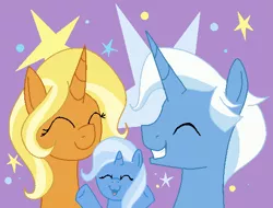 Size: 540x410 | Tagged: safe, artist:anonymous, derpibooru import, idw, jack pot, sunflower spectacle, trixie, pony, unicorn, grannies gone wild, spoiler:comic, spoiler:comic40, abstract background, cute, daughter, diatrixes, eyes closed, family, father and daughter, father and mother, female, filly, filly trixie, grin, happy, hooves up, jacktacle, like father like daughter, like mother like daughter, male, mother and daughter, mother and father, ms paint, reunited, smiling, trio, trixie's family, trixie's parents, young, younger