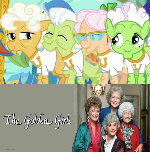 Size: 1324x1336 | Tagged: safe, derpibooru import, screencap, apple rose, auntie applesauce, goldie delicious, granny smith, earth pony, pony, grannies gone wild, elderly, female, gold horseshoe gals, golden girls, mare