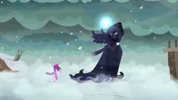 Size: 1280x720 | Tagged: a hearth's warming tail, derpibooru import, ice, luna's future, princess luna, safe, screencap, singing, snow, snowfall frost, spirit of hearth's warming yet to come, starlight glimmer