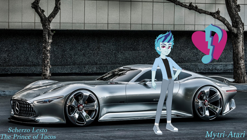 Size: 1500x850 | Tagged: safe, artist:mytri-atari93, derpibooru import, sonata dusk, equestria girls, friendship games, car, equestria guys, male, mercedes-benz, mercedes-benz amg vision gran turismo, rule 63, scherzo lesto, supercar