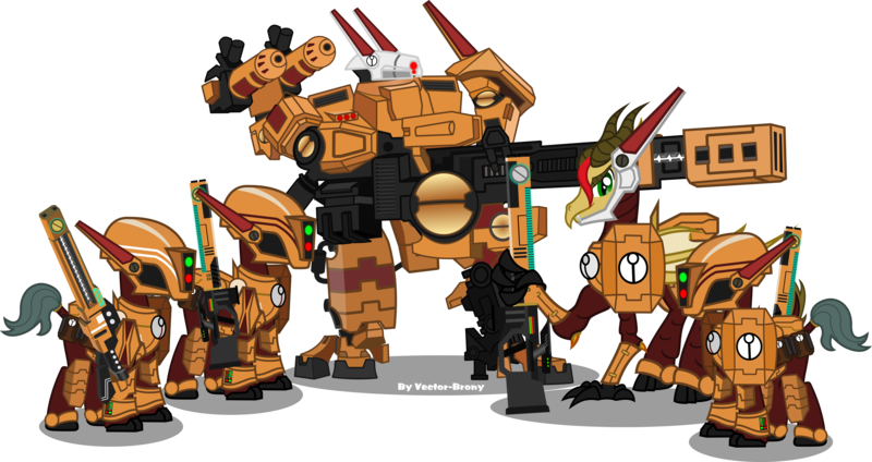 Size: 5894x3121 | Tagged: safe, artist:vector-brony, derpibooru import, ponified, pony, tau, armor, fire warrior, kroot, power armor, pulse rifle, railgun, simple background, tau empire, transparent background, warhammer (game), warhammer 40k, weapon, xv88 broadside battlesuit