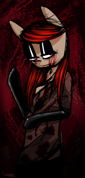 Size: 1525x3173 | Tagged: grimdark, artist:tenenbris, derpibooru import, oc, oc:lillian, unofficial characters only, earth pony, semi-anthro, blood, lidded eyes, rubber gloves