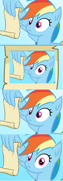 Size: 1144x3248 | Tagged: safe, derpibooru import, rainbow dash, pegasus, pony, exploitable meme, female, looking at you, mare, meme, rainbow dash reading a scroll, scroll, wat, wing hold