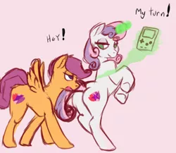 Size: 524x454 | Tagged: safe, artist:ritzraptor, derpibooru import, scootaloo, sweetie belle, pegasus, pony, unicorn, 30 minute art challenge, cute, game boy, magic, plot, sketch, telekinesis