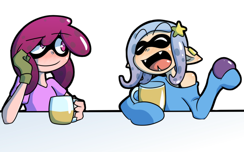 Size: 1330x829 | Tagged: artist:flan, berry punch, berryshine, crossover, derpibooru import, drinking glass, drunk, fangs, hairpin, happy, inkling, piercing, safe, simple background, species swap, splatoon, splatoon 2, transparent background, trixie