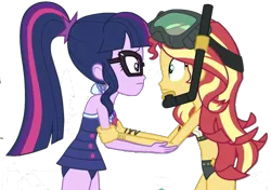 Size: 1253x881 | Tagged: safe, derpibooru import, edit, edited screencap, editor:superbobiann, screencap, sci-twi, sunset shimmer, twilight sparkle, equestria girls, equestria girls series, unsolved selfie mysteries, background removed, clothes, duo, female, simple background, swimsuit, transparent background