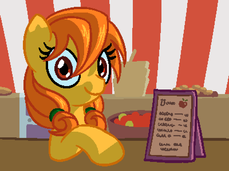 Size: 800x600 | Tagged: safe, artist:rangelost, derpibooru import, oc, oc:autumn gold, unofficial characters only, earth pony, pony, cyoa:d20 pony, apple, colored, cookie, cyoa, description is relevant, female, food, looking at you, mare, market, menu, pixel art, shop, shopkeeper, sign, solo, story included