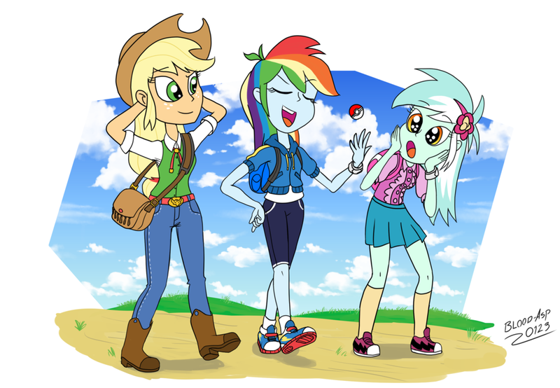 Size: 1024x709 | Tagged: safe, artist:blood-asp0123, derpibooru import, applejack, lyra heartstrings, rainbow dash, equestria girls, equestria girls series, clothes, converse, crossover, pokéball, pokémon, pokémon trainer, request, shoes, skirt, sneakers