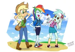 Size: 1024x709 | Tagged: safe, artist:blood-asp0123, derpibooru import, applejack, lyra heartstrings, rainbow dash, equestria girls, equestria girls series, clothes, converse, crossover, pokéball, pokémon, pokémon trainer, request, shoes, skirt, sneakers