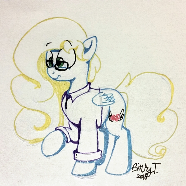 Size: 2116x2115 | Tagged: safe, artist:binkyt11, derpibooru import, oc, oc:saving grace, unofficial characters only, pegasus, pony, female, glasses, mare, raised hoof, simple background, smiling, solo, style emulation, traditional art, white background