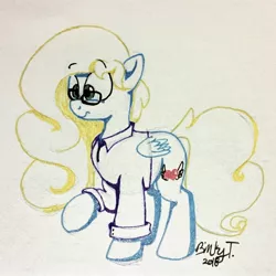 Size: 2116x2115 | Tagged: safe, artist:binkyt11, derpibooru import, oc, oc:saving grace, unofficial characters only, pegasus, pony, female, glasses, mare, raised hoof, simple background, smiling, solo, style emulation, traditional art, white background