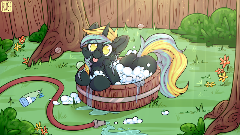 Size: 4987x2805 | Tagged: safe, artist:ruef, derpibooru import, oc, oc:electro current, unofficial characters only, pony, unicorn, backyard, bath, bush, cute, female, flower, grass, hose, mare, outdoors, shampoo, soap, soap bubble, solo, tree, water