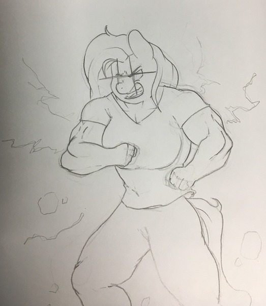 Size: 1116x1280 | Tagged: all might, angry, anthro, artist:zacharyisaacs, biceps, breasts, busty fluttershy, clenched fist, clothes, derpibooru import, female, fluttershy, gritted teeth, mare, monochrome, muscles, muscleshy, my hero academia, one for all, pants, pegasus, quirked pony, safe, shiny eyes, shirt, simple background, sketch, solo, this will not end well, traditional art, using quirk