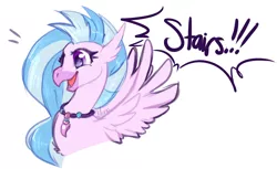 Size: 1278x781 | Tagged: safe, artist:meep, derpibooru import, silverstream, classical hippogriff, hippogriff, school daze, bust, chest fluff, cute, diastreamies, excited, eyes on the prize, happy, jewelry, necklace, open mouth, reflection, simple background, smiling, solo, speech bubble, spread wings, that hippogriff sure does love stairs, white background, wings