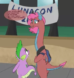 Size: 1225x1280 | Tagged: artist:astr0zone, city, clothes, convention, cosplay, costume, derpibooru import, dialogue, dragon, duo, impossibly long neck, long neck, lunacon, male, mina, necc, safe, sidewalk, spike