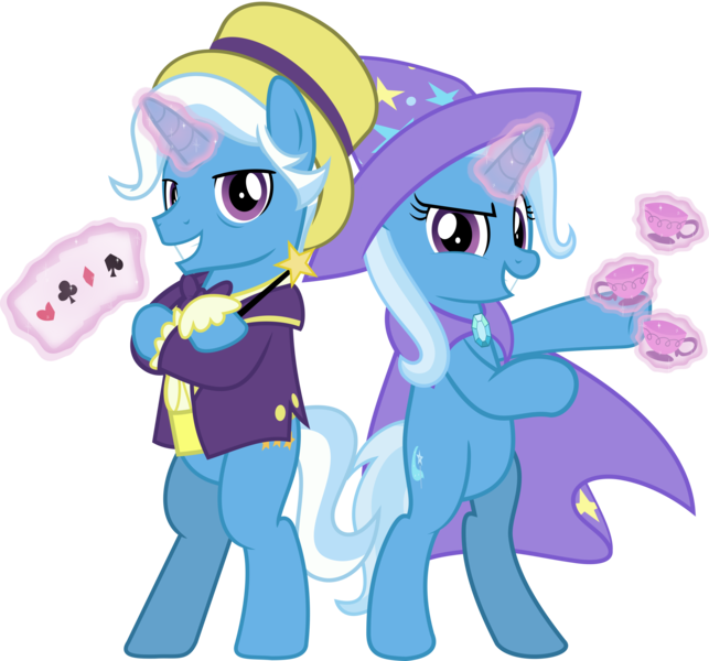 Size: 5051x4716 | Tagged: safe, artist:jhayarr23, derpibooru import, jack pot, trixie, pony, unicorn, grannies gone wild, absurd resolution, bipedal, card, clothes, crossed arms, cup, father and daughter, female, glowing horn, hat, levitation, looking at you, magic, magic wand, male, mare, playing card, pose, simple background, smiling, smirk, stallion, teacup, telekinesis, that pony sure does love teacups, transparent background, vector