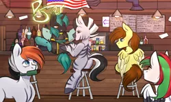 Size: 5000x3000 | Tagged: safe, artist:pesty_skillengton, derpibooru import, oc, oc:04, unofficial characters only, changepony, hybrid, pegasus, pony, zebra, alcohol, background pony, bar, beer, body painting, mouth hold, tail wrap, zebra oc