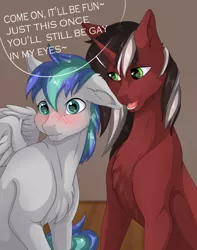 Size: 4000x5067 | Tagged: suggestive, artist:kuroran, derpibooru import, oc, oc:phantom, oc:storm feather, unofficial characters only, pegasus, pony, unicorn, blushing, chest fluff, dialogue, ear fluff, floppy ears, gay, implied bisexual, implied sex, implied threesome, male, oc x oc, rcf community, shipping, sitting, speech bubble, stallion, wavy mouth