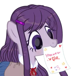 Size: 1024x1083 | Tagged: safe, artist:xmelodyskyx, derpibooru import, ponified, pony, spoiler:doki doki literature club, blood, clothes, death threat, doki doki literature club, female, implied blood, implied murder, mare, mouth hold, note, simple background, solo, spoilers for another series, threat, transparent background, yandere, yuri (ddlc)