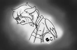 Size: 2006x1311 | Tagged: safe, artist:cadetredshirt, derpibooru import, oc, oc:delta vee, unofficial characters only, pegasus, pony, crying, glasses, monochrome, sad, solo