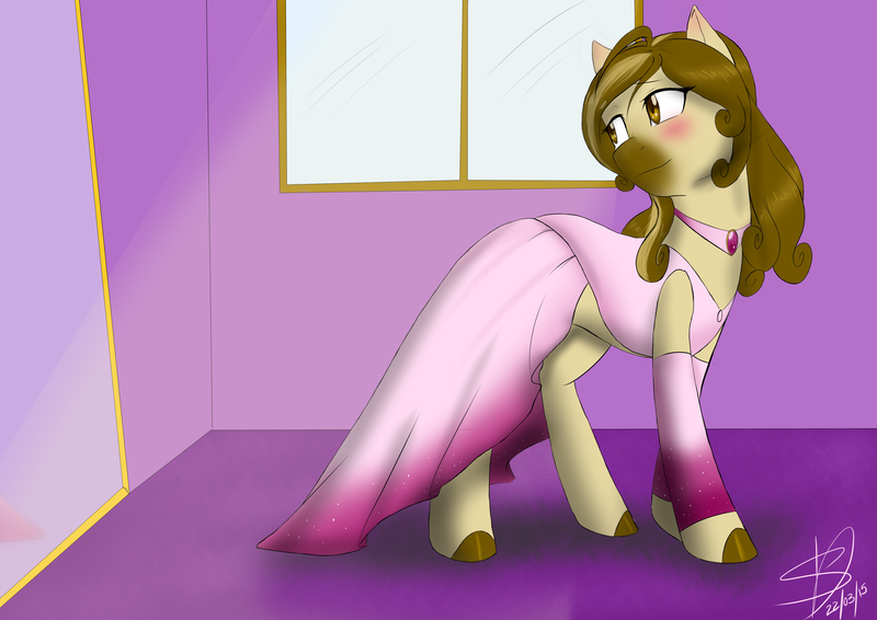 Size: 4092x2893 | Tagged: safe, artist:renniksarts, derpibooru import, oc, oc:hearts blessing, unofficial characters only, earth pony, pony, blushing, clothes, commission, dress, female, jewelry, leggings, mare, mirror, necklace, solo