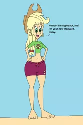 Size: 1505x2249 | Tagged: safe, artist:hunterxcolleen, derpibooru import, applejack, equestria girls, equestria girls series, turf war, barefoot, beach, belly button, blue background, clothes, dialogue, feet, midriff, shirt, shorts, simple background, solo, swimming trunks, swimsuit, talking