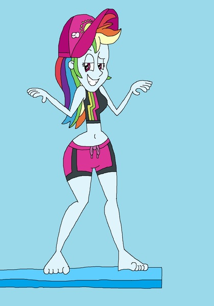 Size: 1601x2289 | Tagged: safe, artist:hunterxcolleen, derpibooru import, rainbow dash, equestria girls, equestria girls series, barefoot, belly button, bikini, bikini top, blue background, cap, clothes, cool, diving board, feet, hat, humanized, midriff, shorts, simple background, solo, swimming trunks, swimsuit