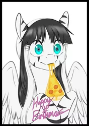 Size: 4960x7015 | Tagged: safe, artist:renniksarts, derpibooru import, oc, unofficial characters only, zebra, zebrasus, abstract background, absurd resolution, eating, female, food, heart eyes, mare, meat, pepperoni, pepperoni pizza, pizza, solo, wide eyes, wingding eyes, wings, zebra oc