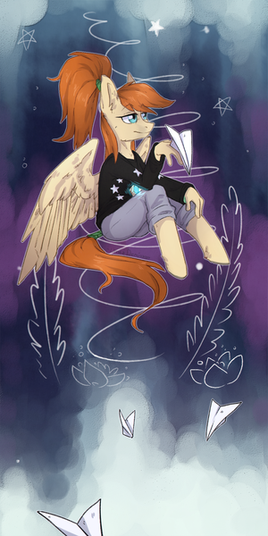 Size: 1000x2000 | Tagged: anthro, artist:lonerdemiurge_nail, clothes, derpibooru import, female, mare, night, oc, pants, paper plane, pegasus, safe, solo, sweater