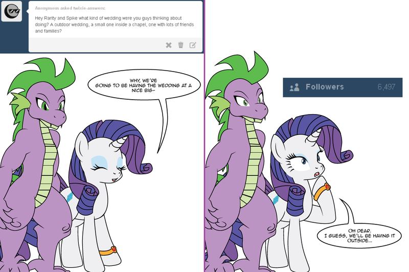 Size: 1204x800 | Tagged: safe, artist:dekomaru, derpibooru import, rarity, spike, dragon, pony, unicorn, tumblr:ask twixie, ask, comic, female, male, milestone, shipping, sparity, straight, tumblr