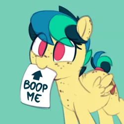 Size: 974x974 | Tagged: safe, artist:shinodage, derpibooru import, oc, oc:apogee, unofficial characters only, pegasus, pony, asking for it, body freckles, boop bait, bronybait, cute, diageetes, eye clipping through hair, female, filly, freckles, green background, mouth hold, no pupils, ocbetes, ponyo, sign, simple background, smiling, solo