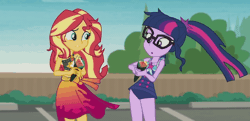 Size: 998x482 | Tagged: safe, derpibooru import, screencap, sci-twi, sunset shimmer, twilight sparkle, equestria girls, equestria girls series, x marks the spot, animated, bikini, clothes, cropped, food, sushi, swimsuit