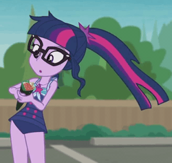 Size: 656x619 | Tagged: safe, derpibooru import, screencap, sci-twi, twilight sparkle, equestria girls, equestria girls series, x marks the spot, animated, clothes, cropped, cute, food, solo, swimsuit