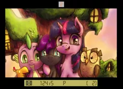 Size: 3207x2307 | Tagged: safe, alternate version, artist:plotcore, derpibooru import, owlowiscious, peewee, spike, twilight sparkle, oc, oc:nyx, alicorn, dragon, owl, phoenix, pony, unicorn, adopted offspring, alicorn oc, camera, camera shot, drawthread, family, family photo, female, filly, golden oaks library, looking at you, male, mare, mother and daughter, request, side hug, slit eyes, smiling, updated