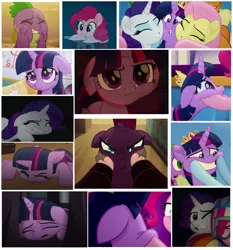 Size: 1116x1200 | Tagged: safe, derpibooru import, screencap, fluttershy, pinkie pie, rainbow dash, rarity, spike, tempest shadow, twilight sparkle, twilight sparkle (alicorn), verko, alicorn, pony, my little pony: the movie, broken horn, cheek squish, cheeks, collage, cropped, eye scar, female, floppy ears, framed by legs, mare, scar, squishy cheeks