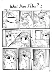Size: 1600x2200 | Tagged: safe, artist:lupiarts, derpibooru import, oc, oc:camilla curtain, oc:chess, oc:roselyn bloom, unofficial characters only, pegasus, pony, unicorn, comic:what have i done, black and white, comic, crying, female, filly, grayscale, monochrome, sad, speech bubble, talking, traditional art