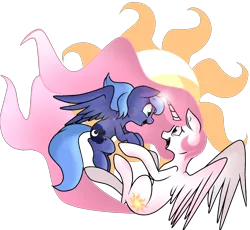 Size: 1280x1180 | Tagged: artist needed, source needed, safe, derpibooru import, princess celestia, princess luna, alicorn, pony, flying, happy, holding hooves, horns are touching, lens flare, looking at each other, missing accessory, moon, pink-mane celestia, royal sisters, s1 luna, simple background, smiling, sun, transparent background
