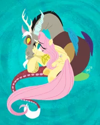 Size: 1000x1250 | Tagged: safe, artist:katseartist, derpibooru import, discord, fluttershy, draconequus, pegasus, pony, cuddling, cute, discoshy, discute, eye contact, female, folded wings, hug, looking at each other, male, mare, no pupils, shipping, smiling, straight